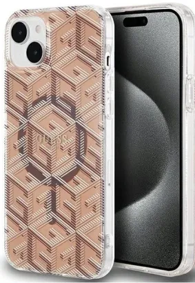 Oryginalne Etui GUESS Hardcase GUHMP15SHGCUSTGW do iPhone 15 (Kompatybilny z Magsafe / IML GCUBE / brązowy)