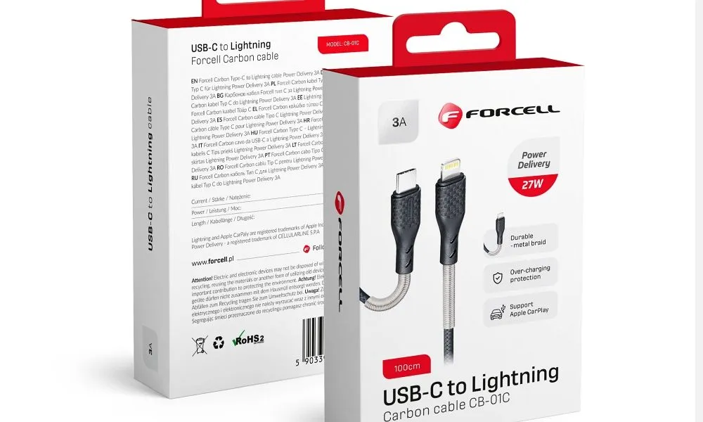 FORCELL Carbon kabel Typ C do iPhone Lightning 8-pin Power Delivery PD27W CB-01C czarny 1 metr