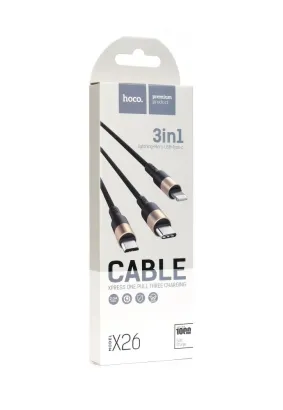 HOCO kabel USB 3w1 do iPhone Lightning 8-pin + Micro + Typ C X26 1 metr czarno-złoty