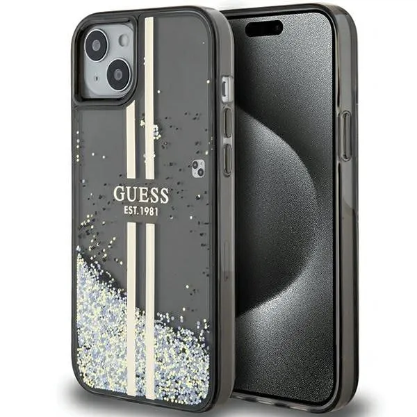 Oryginalne Etui GUESS Hardcase GUHCP15SLFCSEGK do iPhone 15 (Liquid Glitter Gold Stripes / czarny)