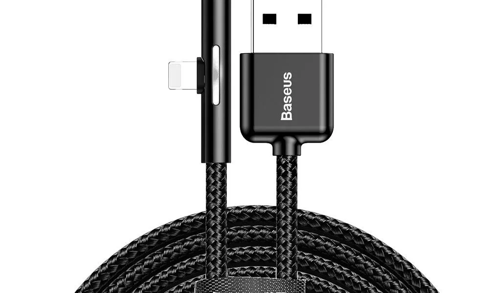 BASEUS kabel USB do Apple Lightning 8-pin kątowy płaski gaming Iridescent LED 1,5A CAL7C-B01 2 metry czarny