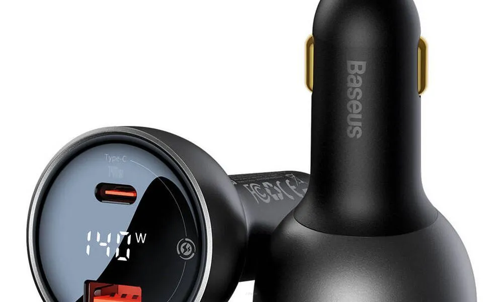 BASEUS ładowarka samochodowa Digital Display Dual USB + Typ-C 140W (z kablem Typ-C do Typ-C 240W 1m Czarny)