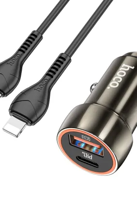 HOCO ładowarka samochodowa Typ C + USB QC 3.0 Power Delivery 20W z kablem do iPhone Lightning 8-pin Z46A szary