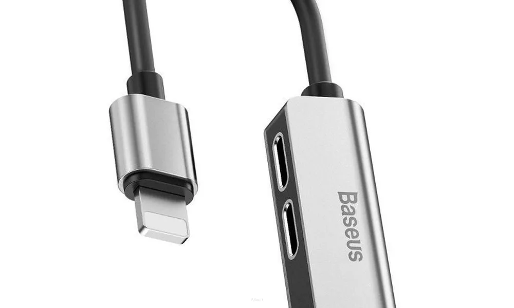 BASEUS adapter audio/HF z Apple Lightning 8-pin na 2x do Apple Lightning 8-pin + Jack 3,5mm (żeński) L52 CALL52-S1 srebrno-czarny