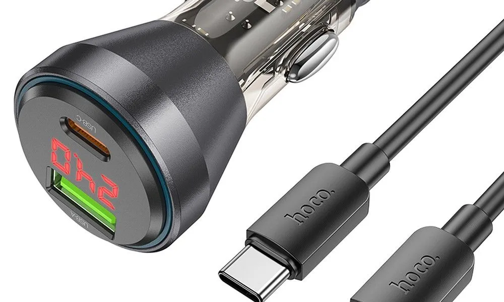 HOCO ładowarka samochodowa USB QC 18W + Typ C 30W z wyświetlaczem + kabel Typ C do Typ C PD48W NZ12B transparentna czarna