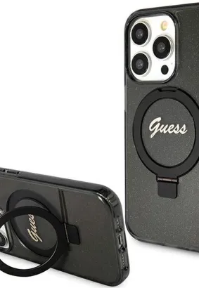 Oryginalne Etui GUESS Hardcase GUHMP15XHRSGSK do iPhone 15 Pro Max (Kompatybilny z Magsafe / Glitter Script Logo / Ring stand / czarny)
