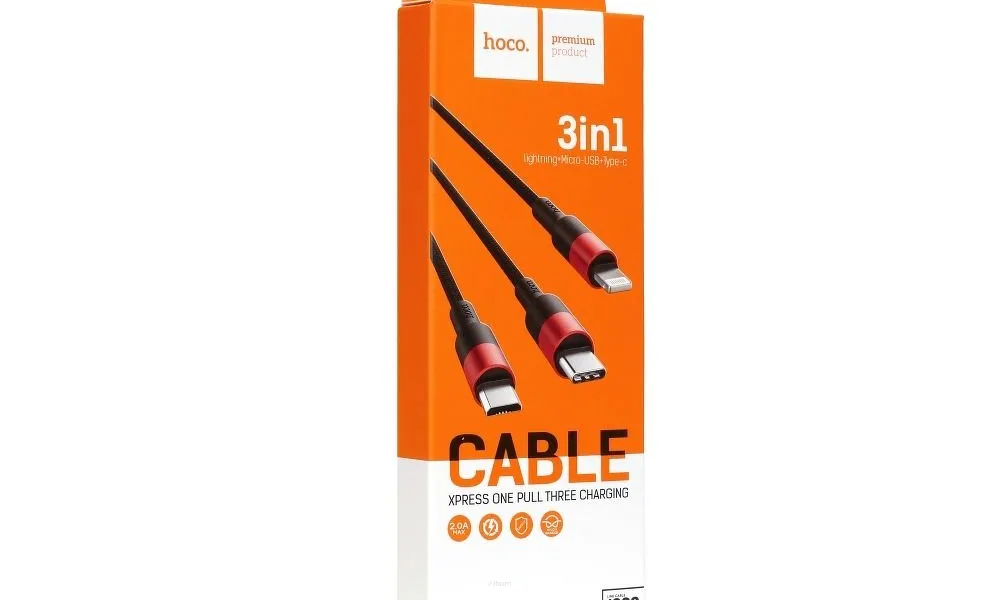 HOCO kabel USB 3w1 do iPhone Lightning 8-pin + Micro + Typ C X26 1 metr czarno-czerwony