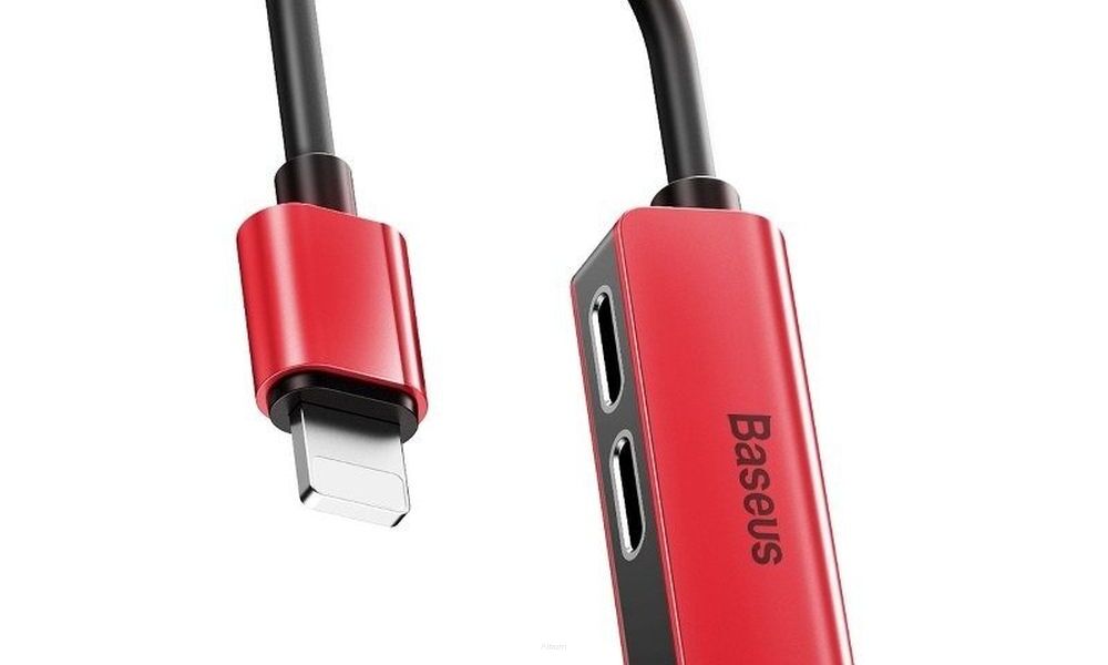 BASEUS adapter audio/HF z Apple Lightning 8-pin na 2x do Apple Lightning 8-pin + Jack 3,5mm (żeński) L52 CALL52-91 czerwono-czarny