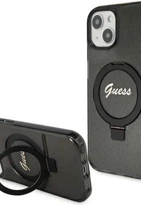 Oryginalne Etui GUESS Hardcase GUHMP15MHRSGSK do iPhone 15 Plus (Kompatybilny z Magsafe / Glitter Script Logo / Ring stand / czarny)