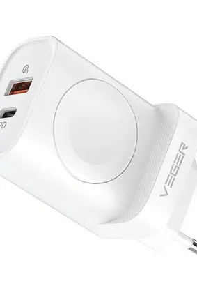 VEGER ładowarka sieciowa USB + Typ C + ładowarka kompatybilna z Apple Watch PD 25W W002E biała