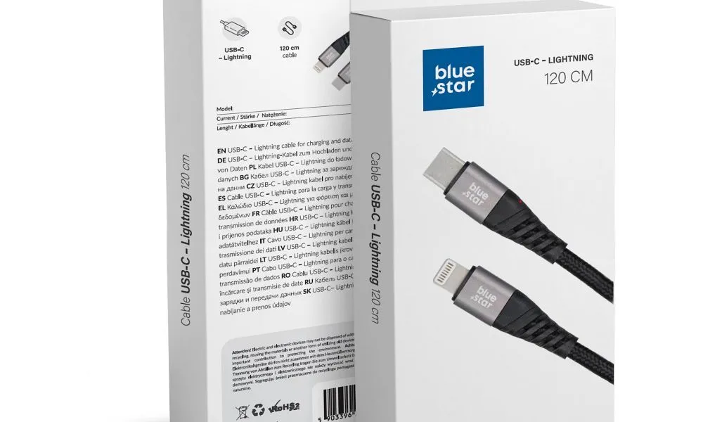 Kabel Blue Star z oplotem ze złączem USB C do Lightning 2,4A