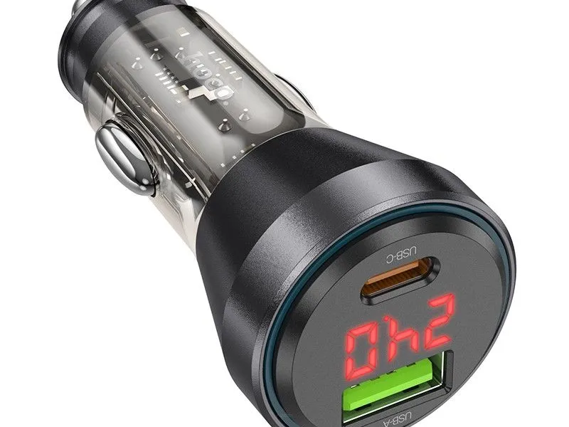 HOCO ładowarka samochodowa USB QC 18W + Typ C 30W z wyświetlaczem + kabel Typ C do Lightning PD48W NZ12B transparentna czarna