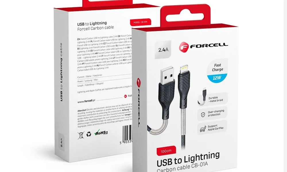 FORCELL Carbon kabel USB A do iPhone Lightning 8-pin 2,4A CB-01A czarny 1 metr