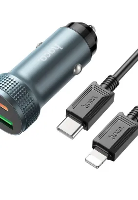 HOCO ładowarka samochodowa USB QC 18W + Typ C 20W + kabel Typ C do Lightning iPhone PD38W Z49B Level metal szara