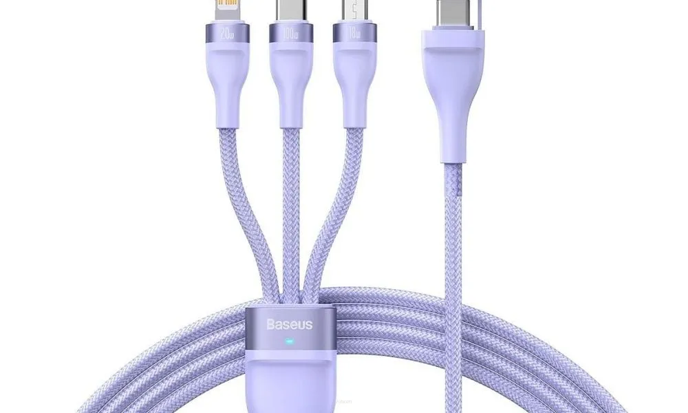 BASEUS kabel USB 3w1 Flash Series II USB A do Micro + Lightning 8-pin + Typ C 100W 1,2m fioletowy CASS030105