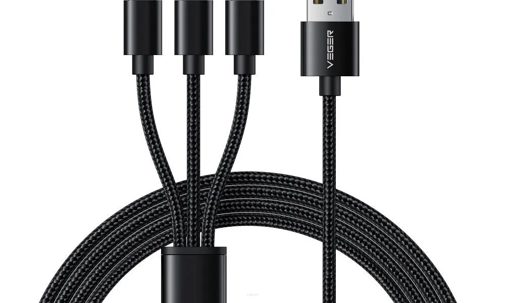 VEGER kabel 3w1 USB do Typ C + Apple Lightning 8-pin + Micro 2A V303 1,2m czarny