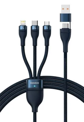 BASEUS kabel USB 3w1 Flash Series II USB A do Micro + Lightning 8-pin + Typ C 100W 1,2m niebieski CASS030103