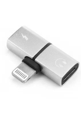 Adapter HF/audio Iphone Lightning do Lightning + ładowanie SHORT srebrny blister