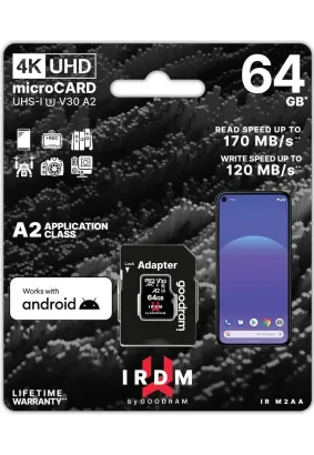 Karta Pamięci IRDM by GOODRAM 64GB microSD UHS I U3 V30 A2 170/120MB/s z adapterem SD