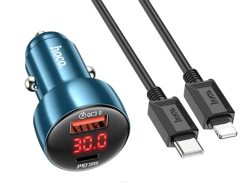 HOCO ładowarka samochodowa USB QC 3.0 + Typ C + kabel Typ C do Typ C PD 48W Leader Z50 niebieska