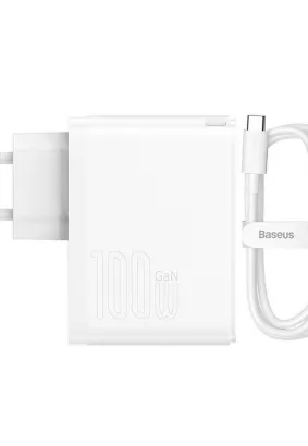 BASEUS ładowarka sieciowa GaN5 Pro USB + Typ C 100W (z kablem Typ-C do Typ-C 100W) biała CCGP090202