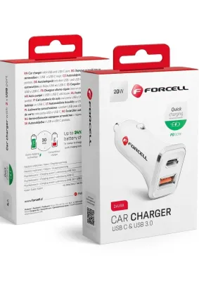 FORCELL ładowarka samochodowa USB 3.0 + USB C Quick Charging + Power Delivery PD20W 4A CC-QCPD01 biała
