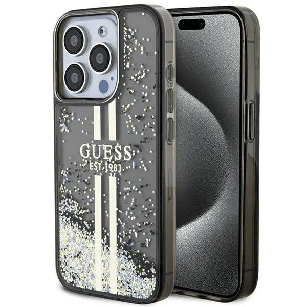 Oryginalne Etui GUESS Hardcase GUHCP15LLFCSEGK do iPhone 15 Pro (Liquid Glitter Gold Stripes / czarny)