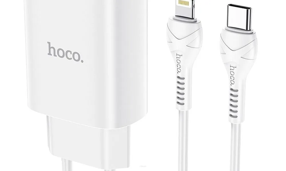 HOCO ładowarka sieciowa Typ C PD 20W Fast Charge Smart Charging z kablem do iPhone Lightning 8-pin N14 biała