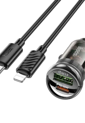HOCO ładowarka samochodowa USB QC 3.0 + Typ C + kabel Typ C do Apple Lightning 8-pin PD 30W Z53A czarna