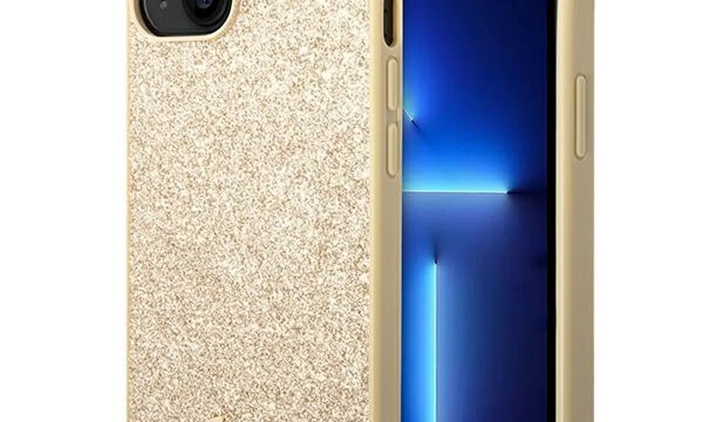 Oryginalne Etui GUESS Hardcase GUHCP14SHGGSHD do iPhone 14 (Glitter Flakes Script Metal Logo / złoty)