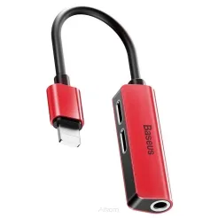 BASEUS adapter audio/HF z Apple Lightning 8-pin na 2x do Apple Lightning 8-pin + Jack 3,5mm (żeński) L52 CALL52-91 czerwono-czarny