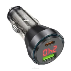 HOCO ładowarka samochodowa USB QC 18W + Typ C 30W z wyświetlaczem + kabel Typ C do Lightning PD48W NZ12B transparentna czarna