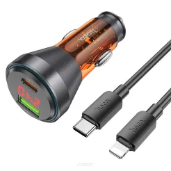 HOCO ładowarka samochodowa USB QC 18W + Typ C 30W z wyświetlaczem + kabel Typ C do Lightning PD48W NZ12B transparentna pomarańczowa