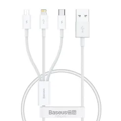 BASEUS kabel USB 3w1 Flash Series II USB A do Micro + Lightning 8-pin + Typ C 3,5A 0,5m biały P10320105221-01