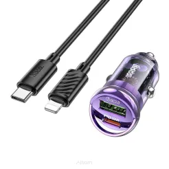 HOCO ładowarka samochodowa USB QC 3.0 + Typ C + kabel Typ C do Apple Lightning 8-pin PD 30W Z53A fioletowa